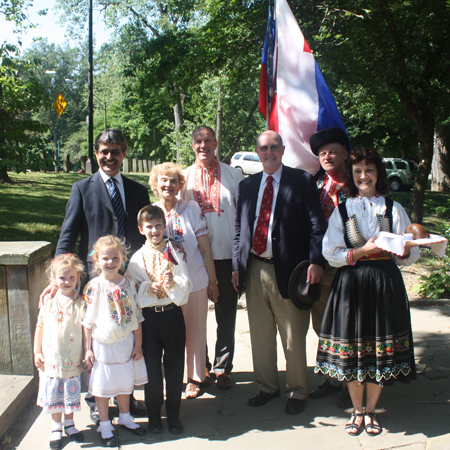 Bratislava Mayor Milan Ftacnik and Ambassador Segwick pose in Cleveland Slovak Cultural Garden