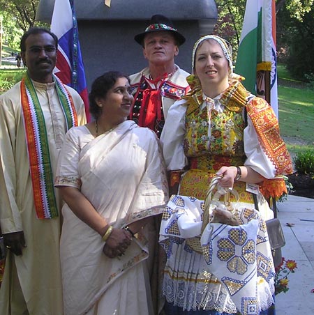 Slovak-Americans Denise Ivan-Antus and George Terbrack - One World Day - in front of the Gandhi statue