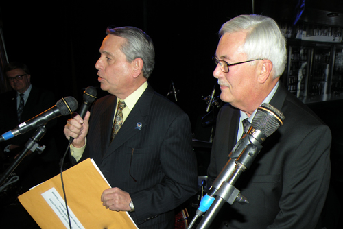 Cleveland Councilman Mike Polensek congratulated Lifetime Achievement inductee Denny Bucar at the Polka Hall of Fame Awards Show