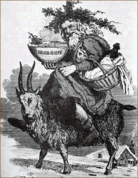 Folk tale depiction of Father Christmas on riding a goat