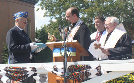 Bishop John Bura of the Ukrainian Catholic Eparchy of St. Josaphat and St Vladimir Ukrainian orthodox Cathedral Assistant Pastor Rev. Michael Hontaruk blessed the flags of Ukraine and the United States