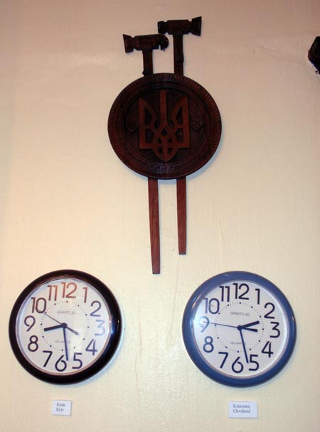 Clocks show time in Kiev and Cleveland