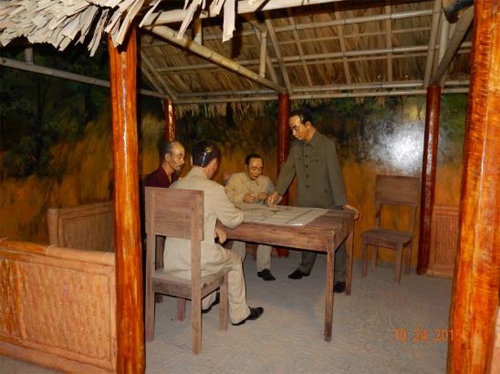 Impressive, three-dimensional display of President Ho Chi Minh, General Giap, and others planning for the Dien Bien Phu campaign.