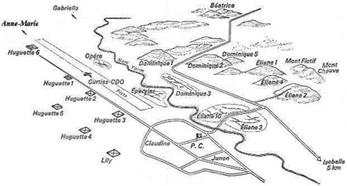 This is a map of Dien Bien Phu with French fortified areas. Note the three northern fortified 