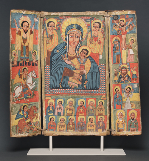Triptych with the Virgin and Child, the Archangels Michael and Gabriel, Saints, and Scenes from the Life of Christ, late 1600s. Unknown painter. Empire of Ethiopia (Ethiopia). Wood, linen, tempera, cord; 67 x 74 cm. The Art Institute of Chicago, Director's Fund, 2006.11