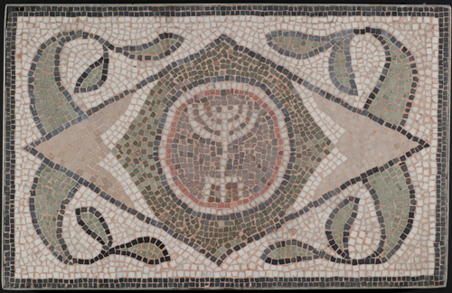 Mosaic: Menorah, 500s. Unknown mosaicist(s). Byzantine Empire, Naro, synagogue of Naro (Hammam-Lif, Tunisia). Stone and mortar; 57.4 x 88.8 x 4.4 cm. The Brooklyn Museum, Museum Collection Fund, 05.27