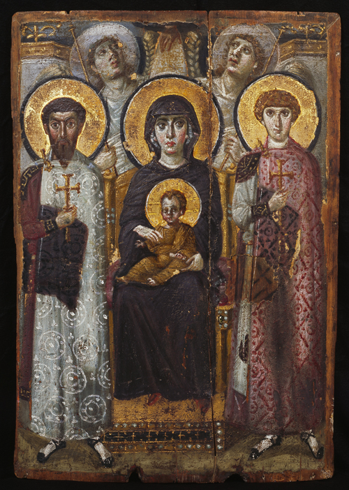 Virgin and Child, flanked by Angels and St. George and St. Theodore, 500s. Encaustic on wood; 68.5 x 49.7 cm (26 15/16 x 19 9/16 in.). The Holy Monastery of Saint Catherine Photo: Father Daniel, Holy Monastery of Saint Catherine, Sinai  