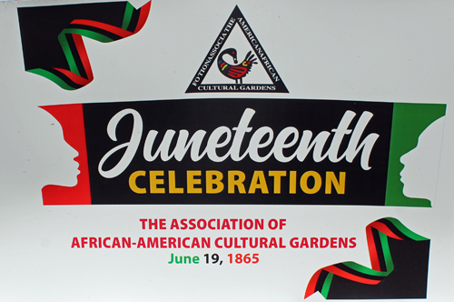 Juneteenth sign in African American Cultural Garden