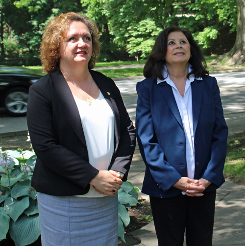 Ambassador Floreta Faber and Dona Brady gaze at Mother Teresa statue