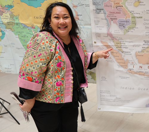 Nina Corder ointing to Malaysia