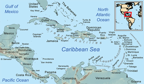 Map of the Caribbean - courtesy of Kmusser and licensed under the Creative Commons Attribution-Share Alike 3.0 Unported