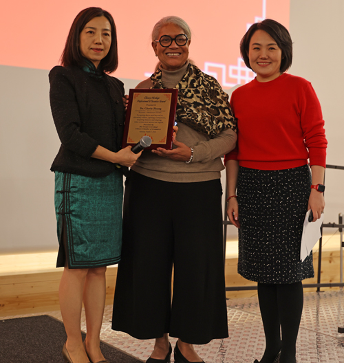 Gloria Zhang, East Cleveland Mayor Sandra Morgan and Su He