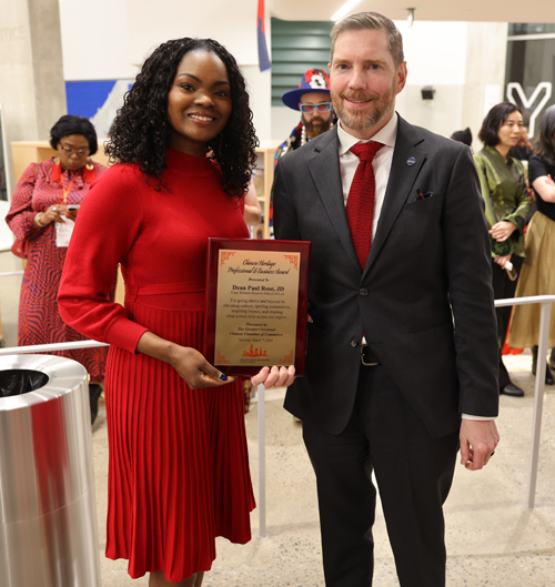 >Oakwood Village Mayor Erica L. Nikolic with CWRU Law School Dean Paul Rose