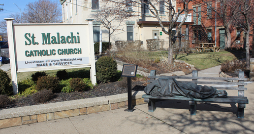 Homeless Jesus figure from Matthew 25 Collection at St Malachi Church in Cleveland