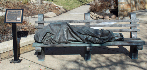 Homeless Jesus figure from Matthew 25 Collection at St Malachi Church in Cleveland