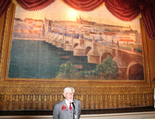 Sokol Cleveland president Paul Burik speaks speaks in the Bohemian Hall ballroom