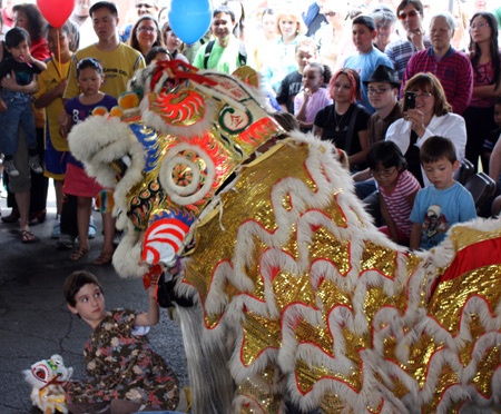 Young girl offers orange to Chinese lion dance