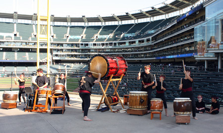 Yume Daiko Taiko drummers perform on the Home Run Porch