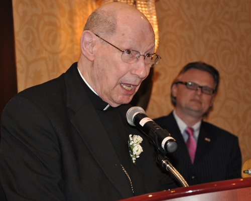 Bishop A. Edward Pevec giving his acceptance speech