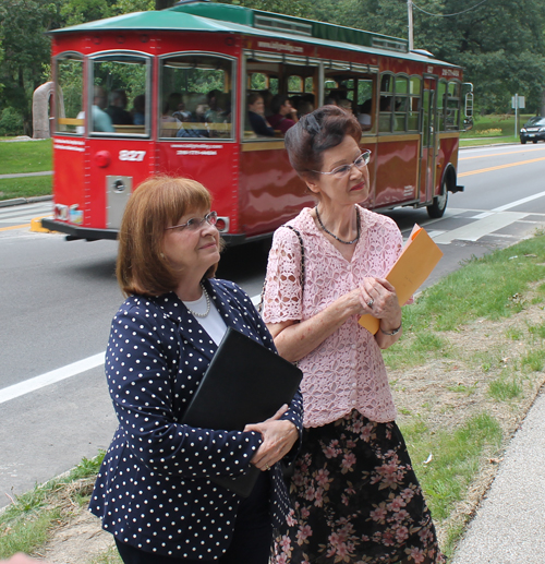 Sheila Crawford and Mary Hamlin (and Lolley the Trolley) watch