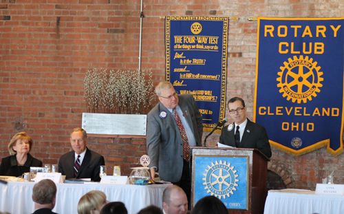 Paul Qua and Jim McIntyre on stage at Cleveland Rotary
