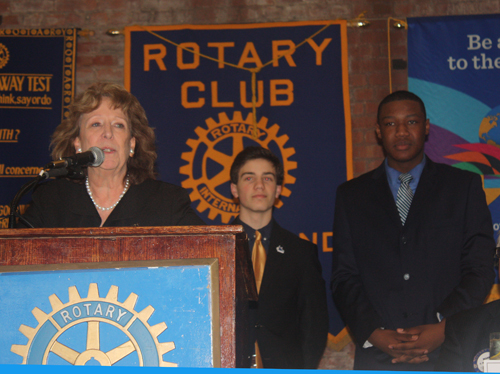 Beverly Ghent-Skrzynski with Four-Way test winning students Anthony Pilla and Anthony Harris