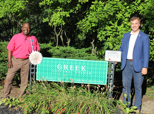 Kenny Crumpton and Jim Trakas in the Greek Cultural Garden