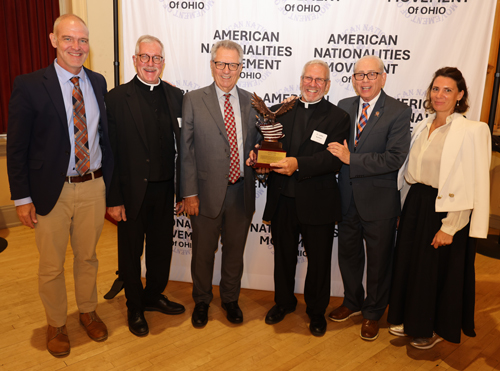 Councilman Kris Harsh, Fr. John Retar, Rocky Perk, Fr. John Kumse,Councilman Mike Polensek and Slovenian Consul Suzanna Cesarek 
