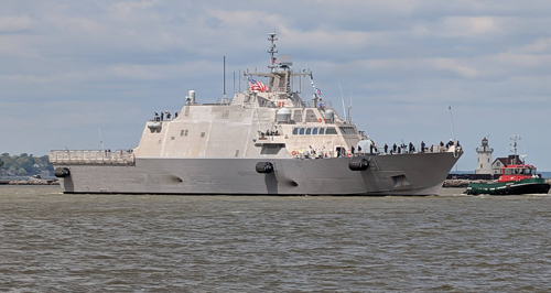 USS Cleveland (LCS 31) on Laker Erie at Cleveland