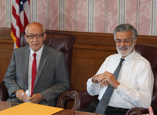 Rouen Mayor Yvon Robert and Cleveland Mayor Frank Jackson in Red Room in Cleveland City Hall