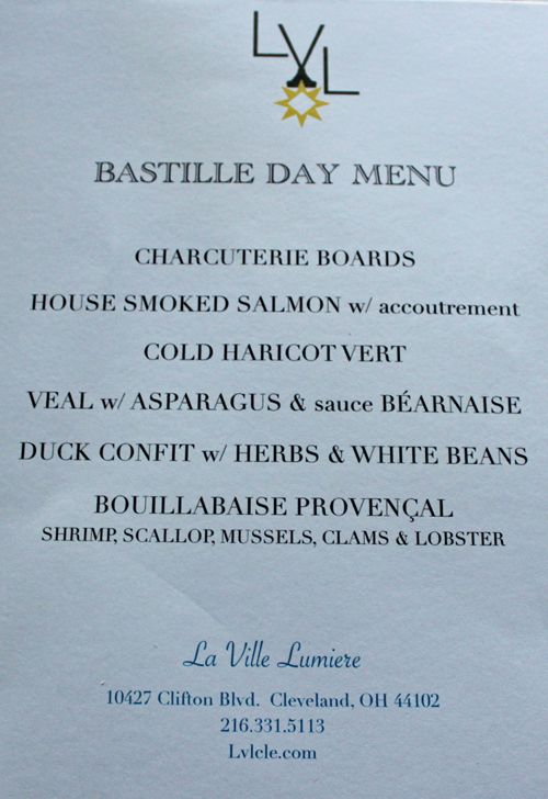 La Ville Lumiere Bastille Day menu