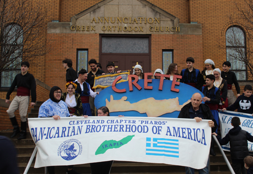 Greek Parade marchers at Annunciation Church steps