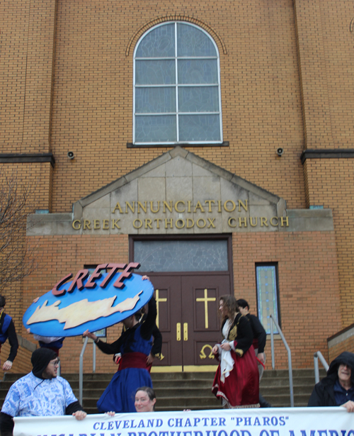 Greek Parade marchers at Annunciation Church steps