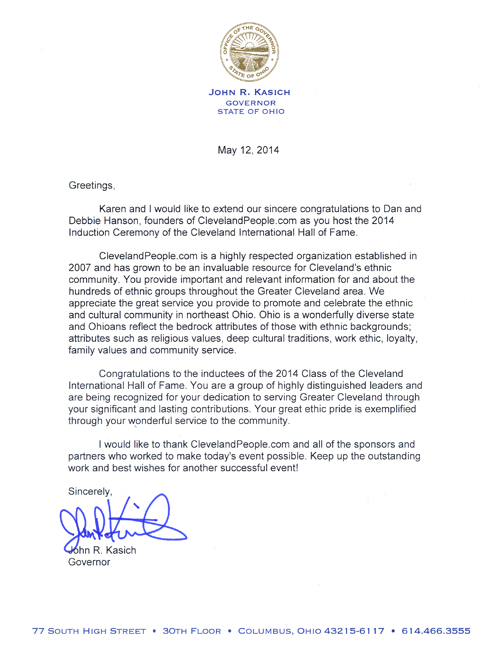 Letter from Governor John Kasich to ClevelandPeople.Com