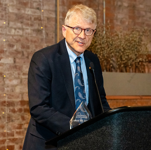 Dr. George Jaskiw inducts Andy Fedynsky into the Cleveland International Hall of Fame