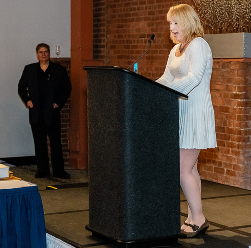 Karin McCutcheon inducting Catherine Jorgensen McCutcheon<br>Cleveland International Hall of Fame