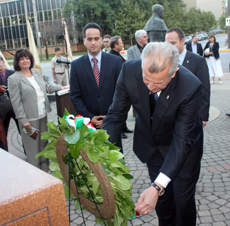 Hungarian President Pál Schmitt in front of the Freedom Fighter statue in Cleveland Ohio