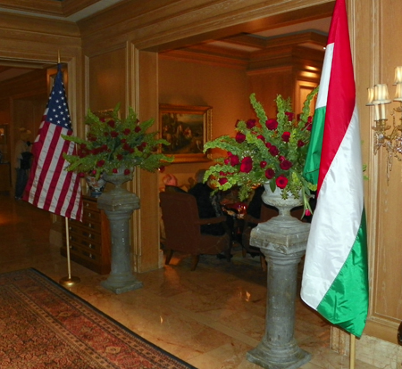 US and Hungarian flags at entrance of Paprika event