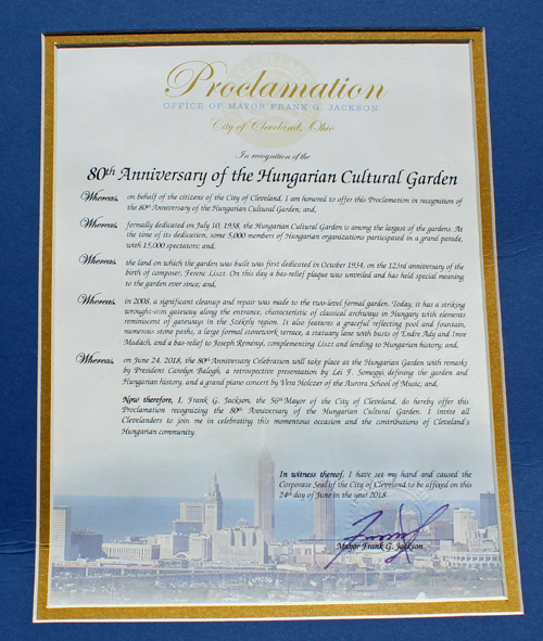 Proclamation from City of Cleveland to Hungarian Cultural Garden