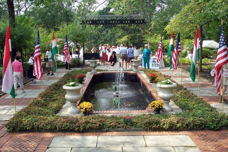 Fountain at Hungarian Cultural Garden with flags in Cleveland Ohio - photos by Dan Hanson