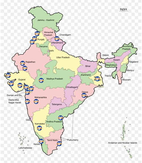 Map of India where AIPNO has helped