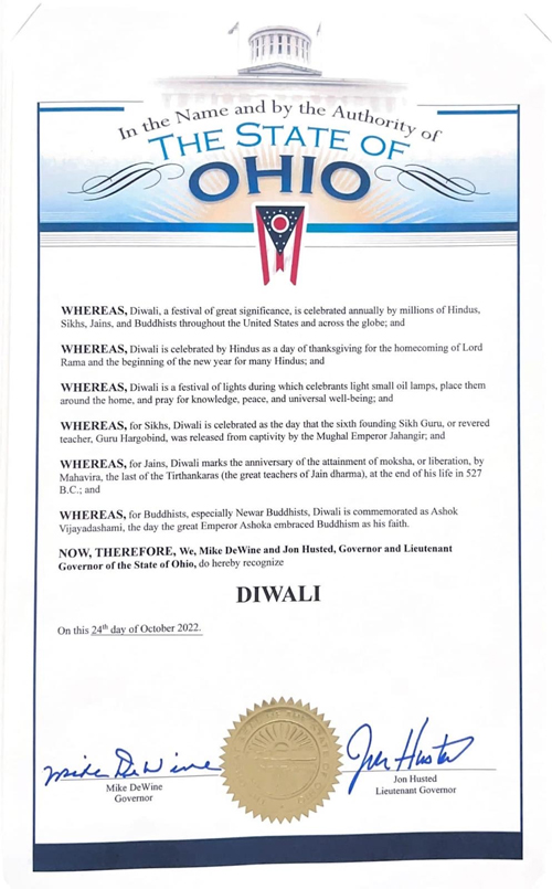 State of Ohio recognizes Diwali