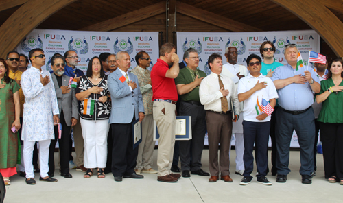50 civic and community leaders gathered on the India festival USA stage to sing the national anthems of the USA and India