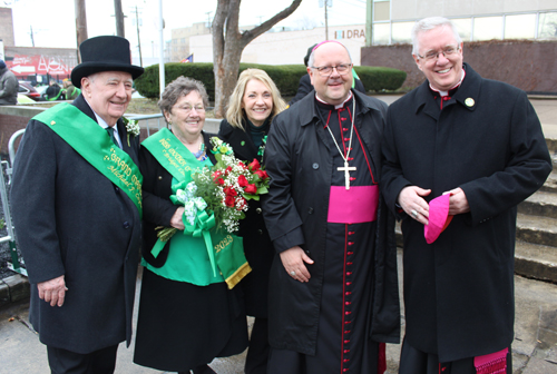 Grand Marshal Mickey Coyne, Irish Mother of the Year Bridget Conway, Michele Morgan, Bishop Woost and Bishop Malesic