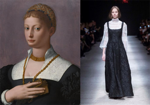 Portrait of a Woman, c. 1555. Anglo Bronzino  next to Ensemble, fall 2015. Alberta Ferretti