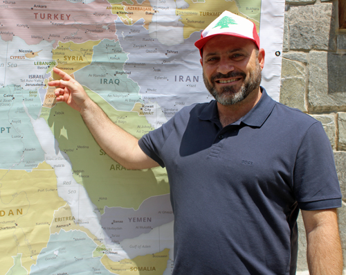 Bassel Abdallah pointing to Lebanon