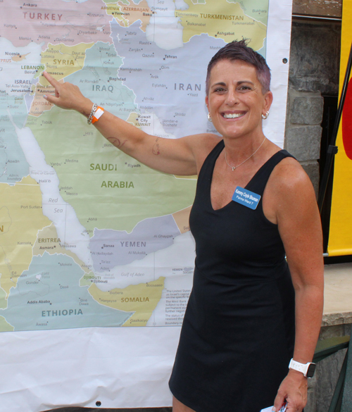 Kammy Coyle Shuman pointing to Lebanon