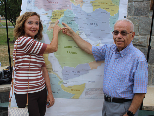 Sawssan and Wael Khoury pointing to Syria