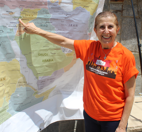 Mireille Abdulkarim pointing to Lebanon