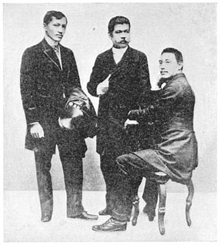 A 19th-century photograph of leaders of the Propaganda Movement: José Rizal, Marcelo del Pilar and Mariano Ponce.